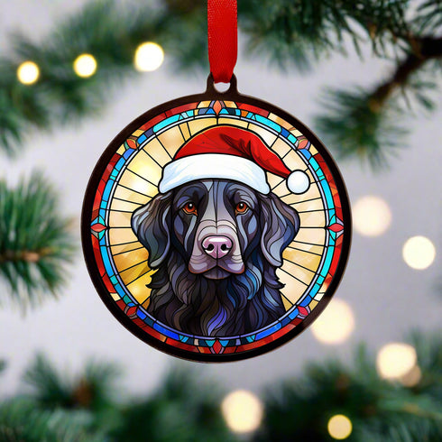Flat Coated Retriever in Santa Hat Suncatcher Decoration